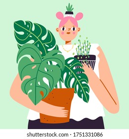 Lovely girl with a lot of house plants, plant lady, cartoon vector illustration