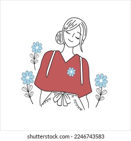 lovely girl icon flat hand drawn cartoon design flowers