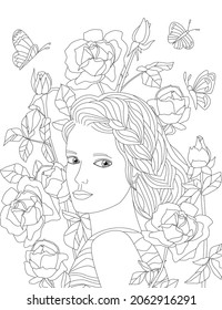 lovely girl looking over her shoulder in flowering garden roses and flying butterflies for your coloring book