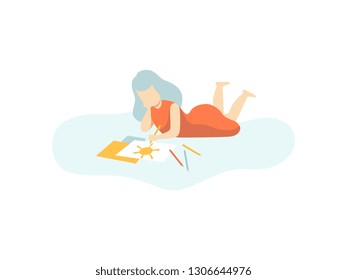 Lovely Girl lying on Floor and Drawing with Pencils, Kids Creativity, Education, Development Vector Illustration