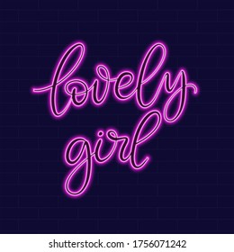 Lovely girl Neon sign with lettering on dark background vector illustration. Logo design template. Light banner, glowing neon signboard for advertising.