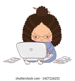 A lovely girl with a pencil in her hair is sitting and typing on a laptop. Vector illustration.