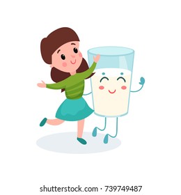 Lovely girl playing with humanized glass of milk with smiling face, healthy food for kid cartoon vector illustration