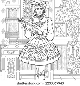 Muchacha encantadora tocando música violín. Página del libro de colorear para adultos en estilo mandala