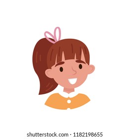 Lovely Girl With Ponytail, Avatar Of Cute Little Kid Vector Illustration On A White Background