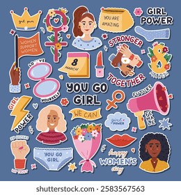 Lovely Girl Power sticker set for International Womens Day, feminism movement for planners, notebooks, diary. Ready for print list of cute stickers with cartoon clipart and motivational lettering.