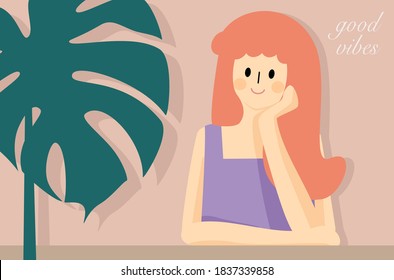Lovely girl prop up with monstera leaf with good vibes