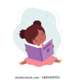 Lovely Girl Reading Book, Kid Sitting on Floor with Book, Literature Fan, Education and Imagination Concept Cartoon Style Vector Illustration