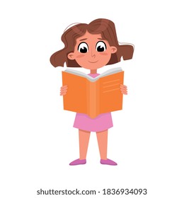 Lovely Girl Reading Book while Standing, Preschooler Kid or Elementary School Student Enjoying Literature Cartoon Style Vector Illustration