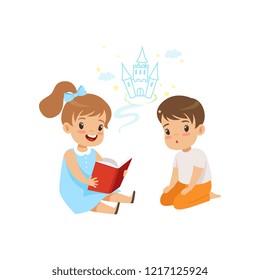 Lovely girl reading fairy tail fantasy book to little boy, kids fabulous imagination vector Illustration on a white background