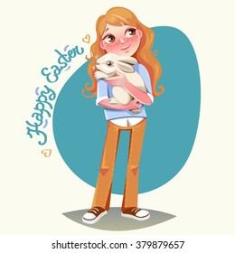 Lovely girl with red hair hugging a bunny. Lettering Happy Easter.