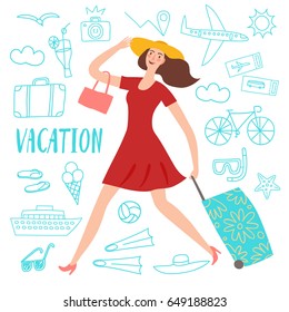 Lovely girl running with suitcase. Including doodle drawings: airplane, ship; suitcase, food and different beach stuff. Summer vacation illustration for your design.