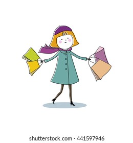 Lovely girl, shopping.Vector graphics.