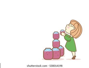 lovely girl in a short dress trying to get a jar of jam on white background