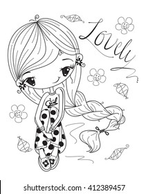 Lovely girl sitting on floor with flower and leaves illustration vector.