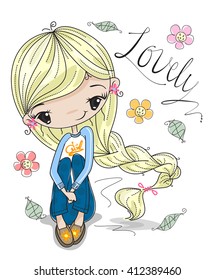 Lovely girl sitting on floor with flower and leaves illustration vector.