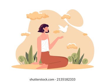 Lovely girl sitting. Woman in nature with birdie, banner or poster. Inner peace and balance. Character on beach or in city park, love for nature and animals. Cartoon flat vector illustration