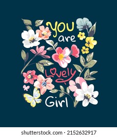 lovely girl slogan with colorful flowers in square shape vector illustration