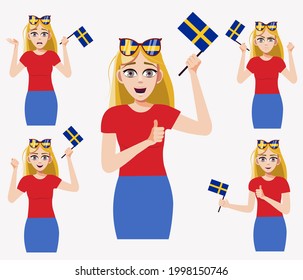 A lovely girl with the Swedish flag. A set of fan emotions. Vector illustration in cartoon style.