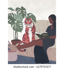 Lovely girl with Tiger. Abstract Woman with Tropical leaves, Cute Girl Illustration Art Print, Graphic print, fashion drawing for t-shirts, vector illustration of beautiful dark skin girl.