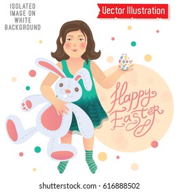 Lovely girl with a toy Easter bunny. Happy easter banner, poster, print. Little girl in a turquoise dress is holding in hand. Easter egg. Greeting card. Vector illustration.