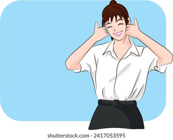 Lovely Girl in uniform Thai student will presenting and smiling face over blue background. Vector illustration.