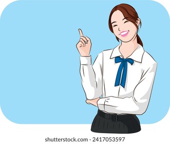 Lovely Girl in uniform Thai student will presenting and smiling face over blue background. Vector illustration.