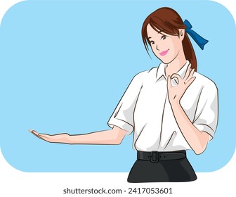 Lovely Girl in uniform Thai student will presenting and smiling face over blue background. Vector illustration.