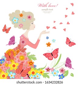 lovely girl in vintage dress with blond hair sending air kiss surrounded by flowers and flying butterflies. romantic card with love for your design