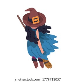 Lovely Girl Witch Standing with Broom Wearing Blue Dress and Brown Hat, Cute Halloween Cartoon Character Vector Illustration