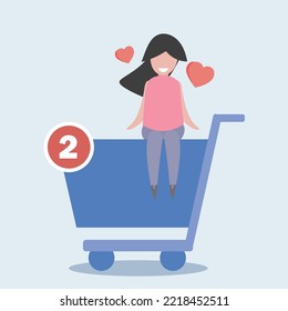 lovely girl or woman sit on online shopping cart icon vector with feel happy heart.Vector illustration girl with shopping cart use for online shopping sale decorate festival christmas day or new year.