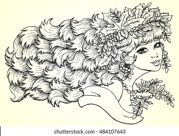 The lovely girl with a wreath from leaves and berries of a mountain ash. Concept of autumn mood. Vector illustration, horizontally, contour lines, coloring.