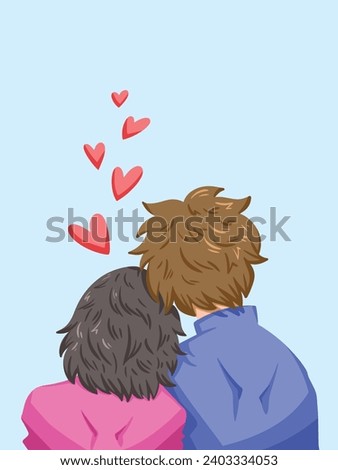 Lovely Girlfriend and Boyfriend lover cuddling back view vector illustration isolated on vertical plain light blue background. Simple flat cartoon styled drawing. February valentine's day themed art.