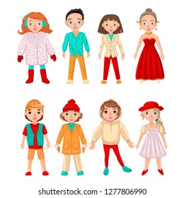 Lovely girls and boys in different clothes, dress, formal suit, jacket and various clothes. Different colors of clothes. Vector characters