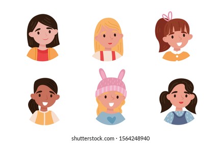Lovely Girls Faces With Different Hairstyles Vector Set