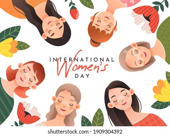 Lovely girls on a white background. Postcard for International Women's Day (March 8).