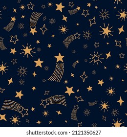 Lovely gold shooting stars meteor shower vector seamless pattern. Simple cosmic hand drawn doodle shooting stars. Cute meteor rain seamless pattern kids design. Baby shower gift wrapping.