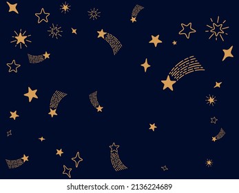 Lovely gold shooting stars meteor shower vector illustration. Simple cosmic hand drawn doodle shooting stars. Cute meteor rain pattern kids design. Baby shower gift wrapping.