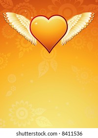 lovely golden heart with wings on golden background , vector illustration