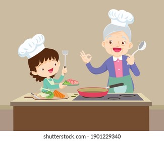 lovely grandmother and child girl cooking in kitchen okay gesture,Grandmother and little granddaughter making food together. Cooking with kids.