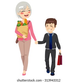 Lovely grandmother with grocery paper bag and grandson shopping together helping grandparent holding bags 