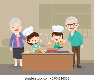 Lovely Grandparent With Grandchild Boy And Girl Cooking In Kitchen,happy Family With Grandparent And Grandchild Cooking In Kitchen,teach Grandchild Cooking