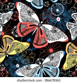 Lovely graphic pattern fancy butterflies on a dark background

