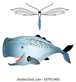 lovely graphic whale and butterfly on white background  