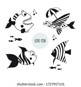 Lovely graphics fish.Black-and-white cartoon. Vector stock illustration. Set.