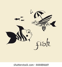 Lovely graphics fish.Black-and-white cartoon. Vector stock illustration. Set.