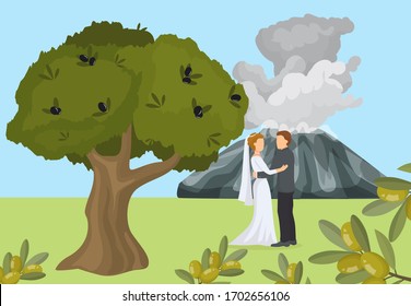 Lovely greece female, male pair wedding under tree flat vector illustration. Natural mountain landscape, volcano background. Lover couple woman, man get outdoor married, romantic place and time.