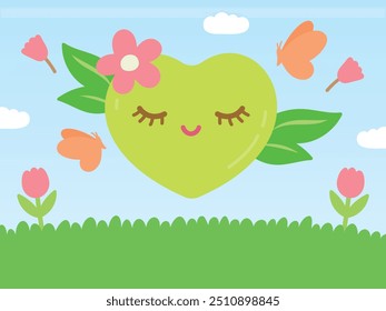 lovely green heart with cute butterfly and plant illustration vector with copy space in loving environment concept