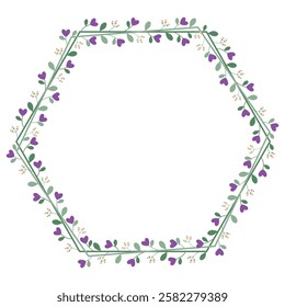 Lovely Green Hexagonal Wreath Or Borders Frame With Purple Love Flowers And Leaves