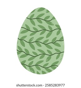 Lovely green painted egg with leaves twining around for Easter egg hunt. Trendy cartoon clipart for celebrating religious springtime holiday. Adorable hand drawn doodle isolated on white background.